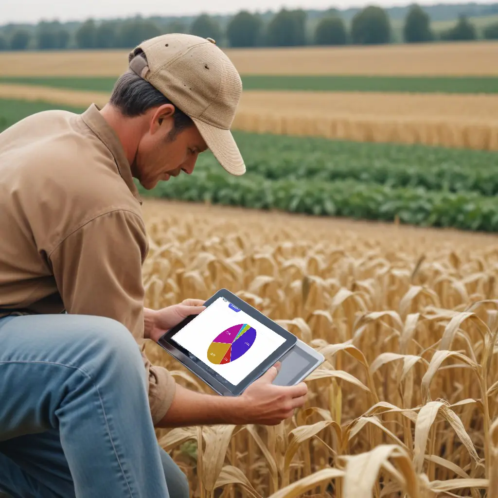 Fermier în câmp, analizând date agricole pe o tabletă cu grafic